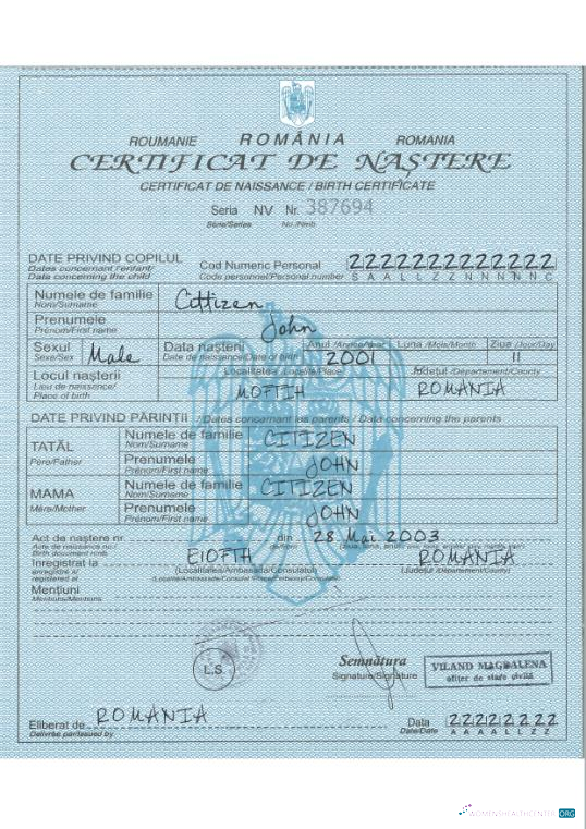 Download Romania birth certificate Photoshop template